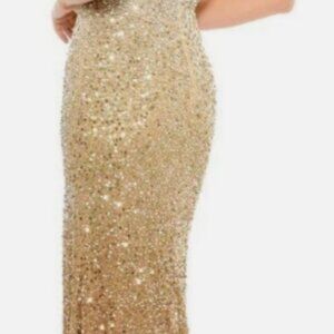 Mac Duggal (271) Simmering Gold SEQUINED SLEEVELESS V NECK SIDE SLIT GOWN Sz 6